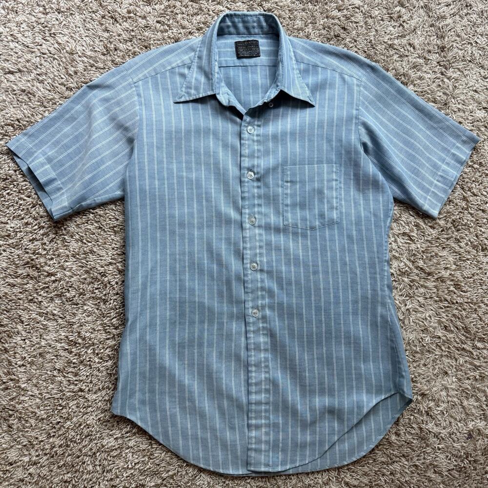 Vintage Sears Premiere Collection Blue Striped Short Sleeve Shirt Men’s Size L